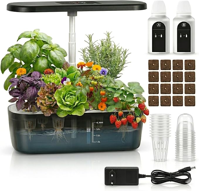 Soil-Free Hydroponics Growing System - 12 Pods with Smart LED Screen, Adjustable Height, 4L Tank, LED Grow Light for Indoor Plants, Grow Herbs Year-Around, Hydro Garden Gifts for Plant Lovers