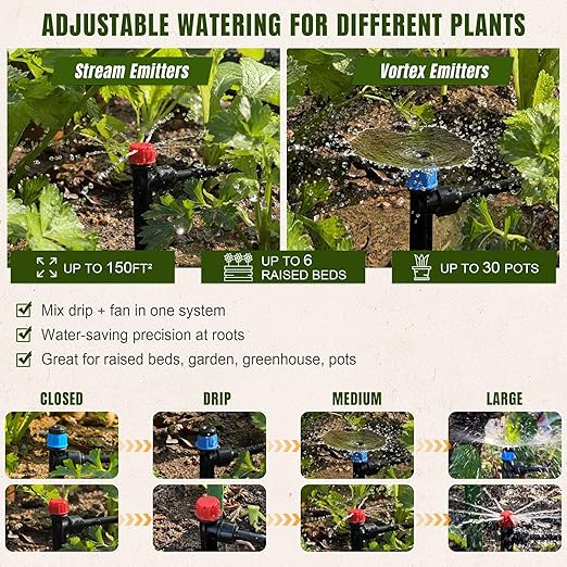 Push-to-Connect Drip Irrigation System Adjustable Irrigation System for Garden Raised Bed Automatic Plant Watering System Complete Drip Irrigation Kit with Drip Emitters, Tubing, Connectors