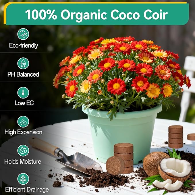 ZeeDix 50pcs(40mm) Coco Coir Pellets Potting Soil Indoor Plants, Compressed Coconut Coir Soil Pellets Seed Starting Pellets Soil Discs for Planting Flowers Bonsai Herbs Plants and Vegetables