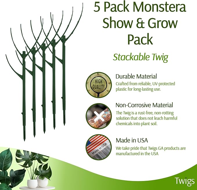 Twigs GA - Stackable Monstera Plant Support Stakes, Climbing Support for Indoor & Outdoor Use, Plant Accessories, Aesthetic Alternative to Moss Poles & Trellises – Monstera Green, 5 Pack, 17" L