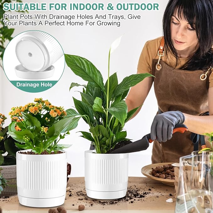 Vanavazon 6 Inch Glazed Ceramic Plant Pots with Drainage Hole and Saucer, Cylinder Indoor Planters for All House Plants, Modern Decor for Home & Office, Set of 2 (White)