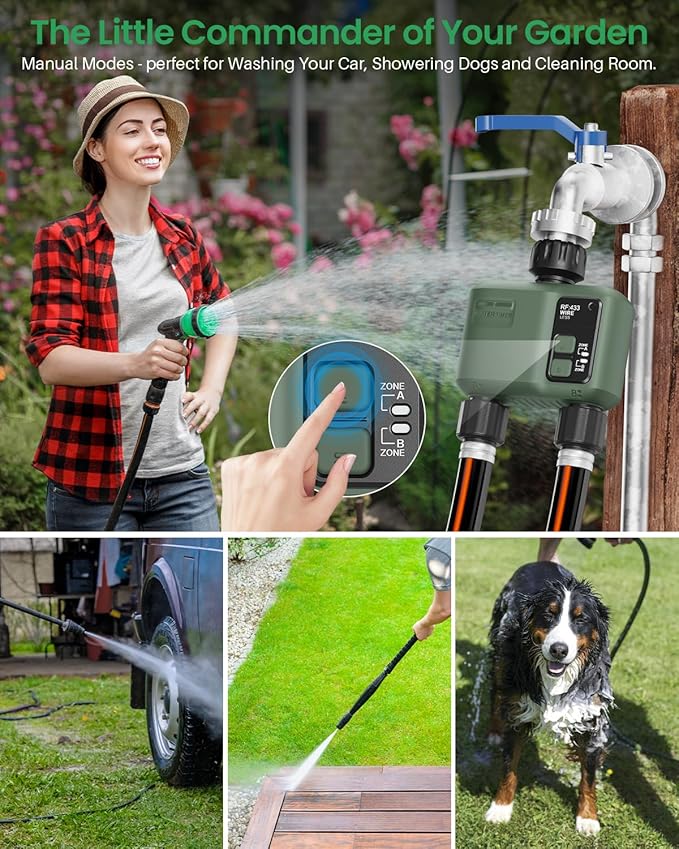 WiFi Water Timer 2 Zone for Garden Hose, Smart Sprinkler Timer with 984ft RF Range, Smart Lawn Watering System Irrigation Controller, APP/Voice Control, Rain Delay, Automatic/Manual Irrigation