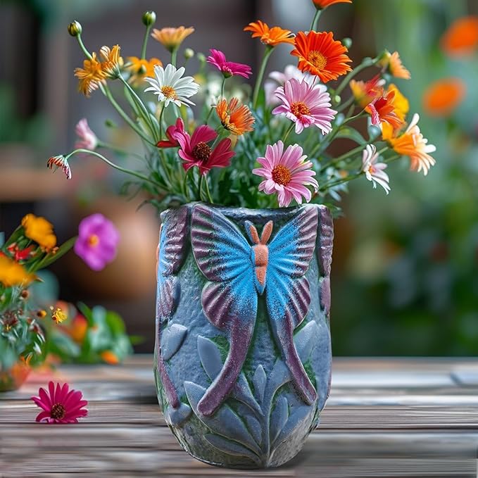 Ceramic Flowerpot– Oval Thick Rough Dark Green Flower Pot with Perforated Drainage Cover, Butterfly Decorative Indoor Outdoor Plant Container