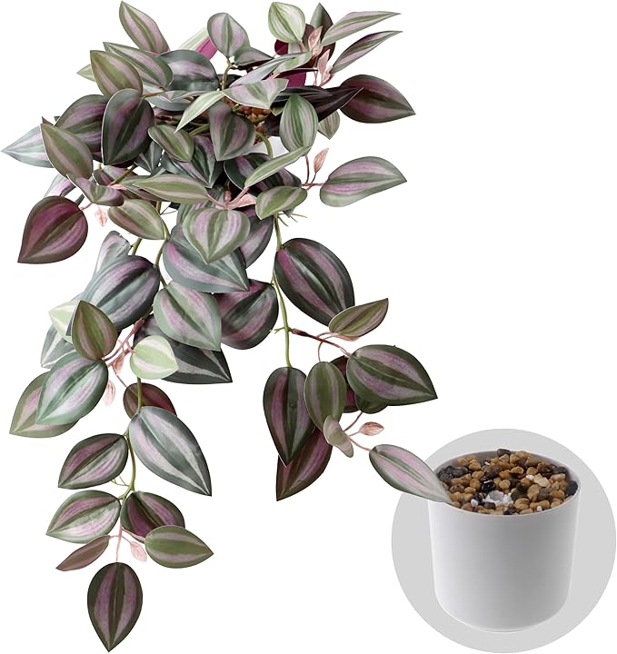 Fake Plants Indoor Artificial Hanging Plants with Pot, Potted Silk Greenery Faux Watermelon Peperomia Ivy Draping Plant for Home Office Desk Living Room Bedroom Wall Shelf Decor (Green, Purple)