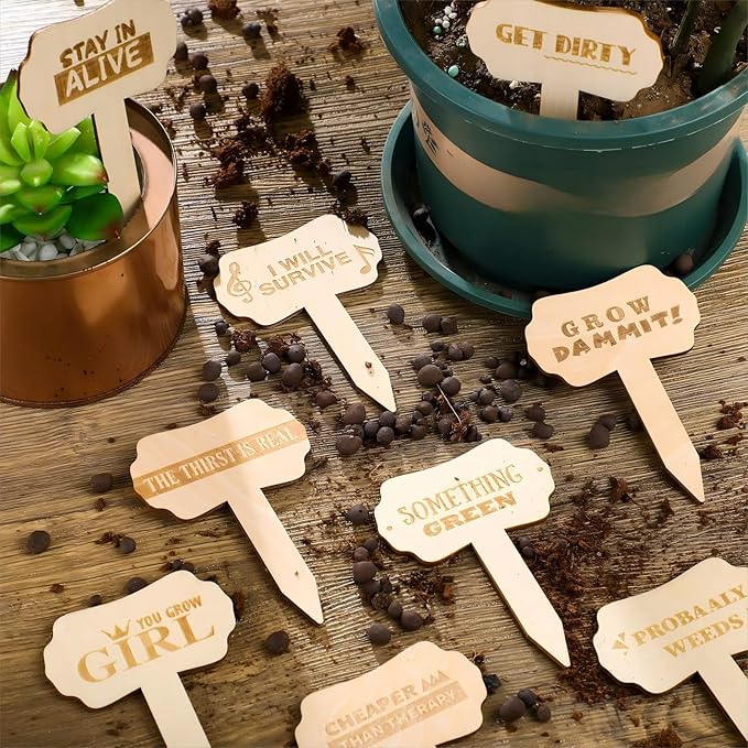 24 Pcs Funny Plant Makers Label Wooden Plant Sign Tag for Succulent Flower Greenery with Stake Interesting Word Cute Pattern Garden Marker for Outdoor Indoor Patio Supplies Gardener Novelty Gift