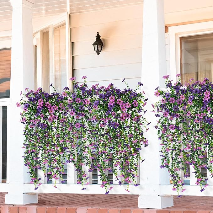 Artificial Fake Hanging Flowers Plants for Outdoor Spring Decoration,2 PCS Faux Silk Daisy with Eucalyptus Leaves,UV Resistant Look Real for Outside Home Indoor Planter Porch Patio Balcony Yard Decor