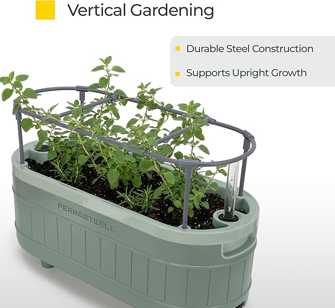 Permasteel Herb Garden Planter with Trellis Support, Self-Watering System with Water Level Indicator, Fits Multiple Herb Plants, for Basil, Flowers, Succulents, Indoor & Outdoor, Green