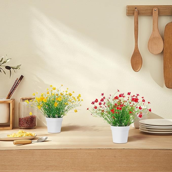Artificial Babys Breath Potted Fake Plants with Flowers Faux Plants Indoor for Home Office Bookshelf Table Room Decor, Red (Pack of 2)