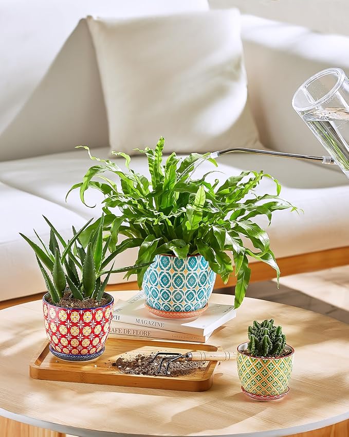 Metahom Ceramic Plant Pots, 4.9 Inch Flower Pots with Drainage Hole & Saucer, Colorful Planter Pots for Houseplants, Succulent, Catus, Home Decor, Set of 4, Vibrant Colors