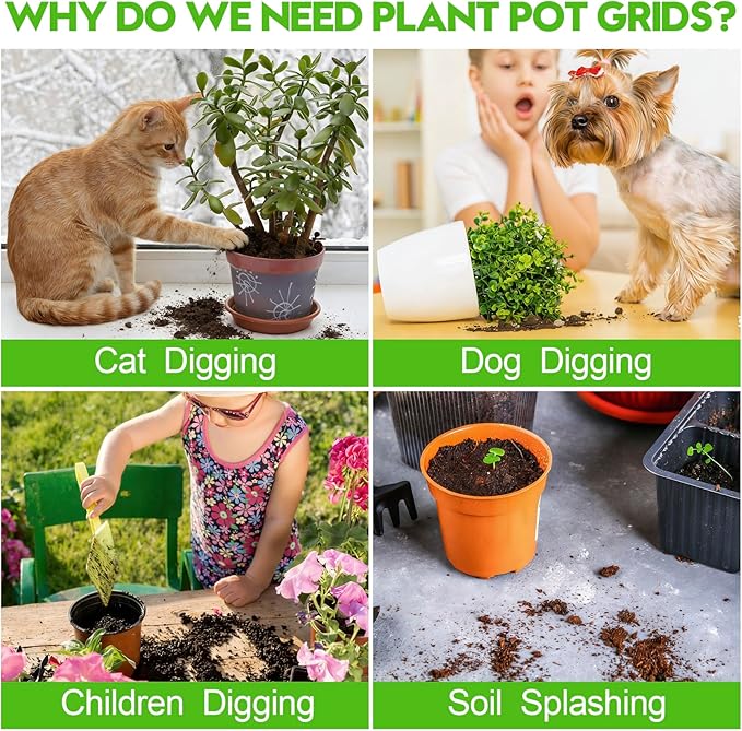 4 Pack Plant Pot Grids - 15.7 Inch Cuttable Soil Cover Protector from Cats, Animals Digging Stopper, Indoor Plant Pot Soil Guard for Outdoor Garden Balcony
