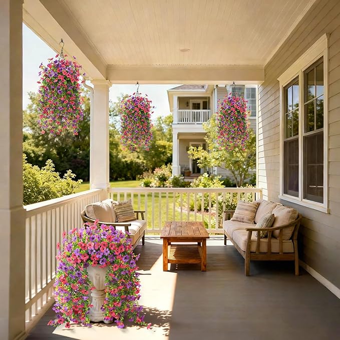 Artificial Hanging Flowers for Outdoors, 2 Pcs Fake Hanging Plant Spring Summer Decoration, UV Resistant No Fade Faux Silk Daisy Flower for Planter Porch Patio Yard Garden Decor(Purple Hot Pink)