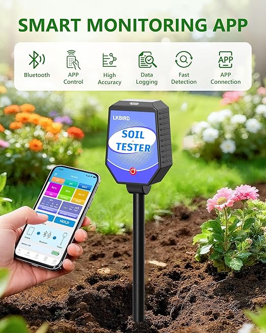 8-in-1 Soil Moisture Tester with APP Monitoring, Soil Moisture pH Meter, Light, Salinity, Fertility, EC, Temperature, Humidity Soil Test Kit for Garden, Farming, Lawns, Indoor & Outdoor Plants.