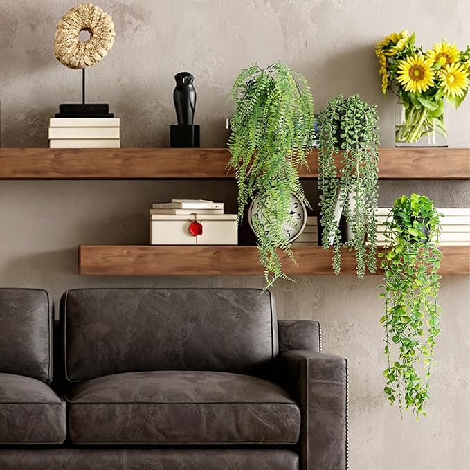 SHENLIU Artificial Hanging Plants for Shelf, 4 Pack Fake Potted Greenery Plant Faux Eucalyptus Vine String of Pearls Boston Fern Ivy Vine Leaves for Living Room Bedroom Boho Wall Shelf Indoor Outdoor