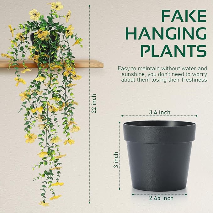 FAVOWREATH Fake Plants Hanging Artificial Potted Faux Eucalyptus Plants and Flowers for Modern Boho Farmhouse Bathroom Office Desk Wall Book Shelf Living Room Aesthetic Decor Indoor (Yellow)