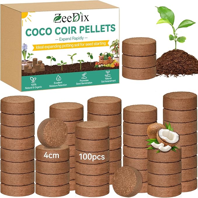 ZeeDix 100 Pcs (40mm) Compressed Coco Coir Fiber Potting Soil Seed Starters - Organic Coco Coir Pellet Fiber Soil for Planting Bonsai, Herbs, Plants, Flowers and Vegetables