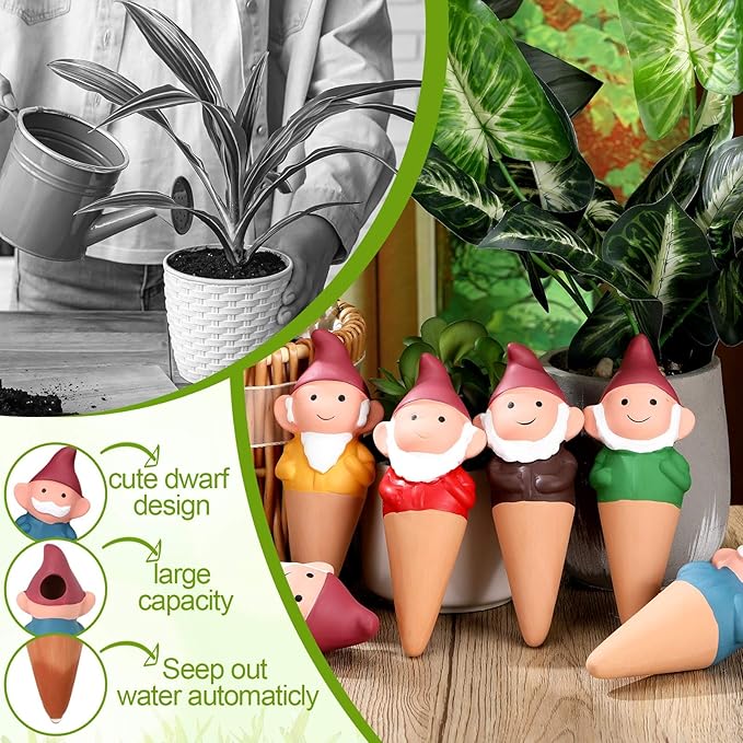 Teenyyou 7 Pcs 3.4 Fl oz Terracotta Self Watering Spikes Cute Gnomes Auto Water Planter Insert Small Watering Globes Slow Vacation Waterer Devices Indoor Outdoor House Plant Accessories