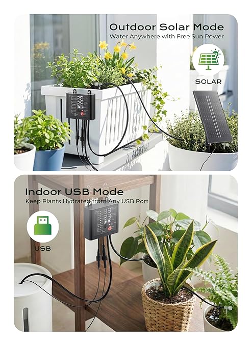 Solar Drip Irrigation System with USB Charging, 49FT Indoor Outdoor Plant Watering Devices for 15 Potted Plants, Automatic Watering System IP44 Waterproof 2200mAh for Garden Farm Greenhouse(Black)