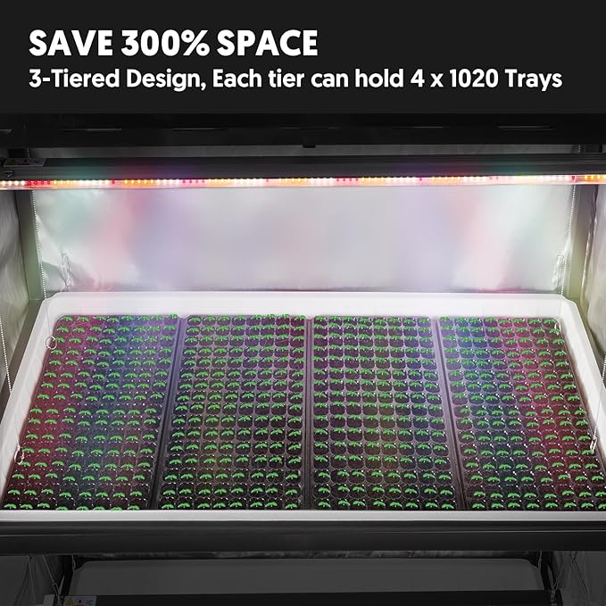 Indoor Greenhouse with Full Spectrum LED Grow Light and Tent, Indoor Gardening System with Watertight Plant Shelf Trays, 3-Tier Metal Plant Stand with Wheels, Microgreens Growing Kit
