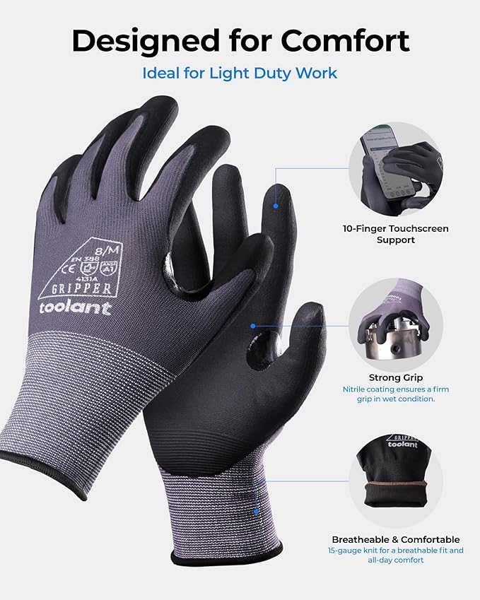 toolant 6/12 Pairs MicroFoam Nitrile Coated Safety Work Gloves, Breathable Nylon Working Gloves Men with Grip,Touchsreen