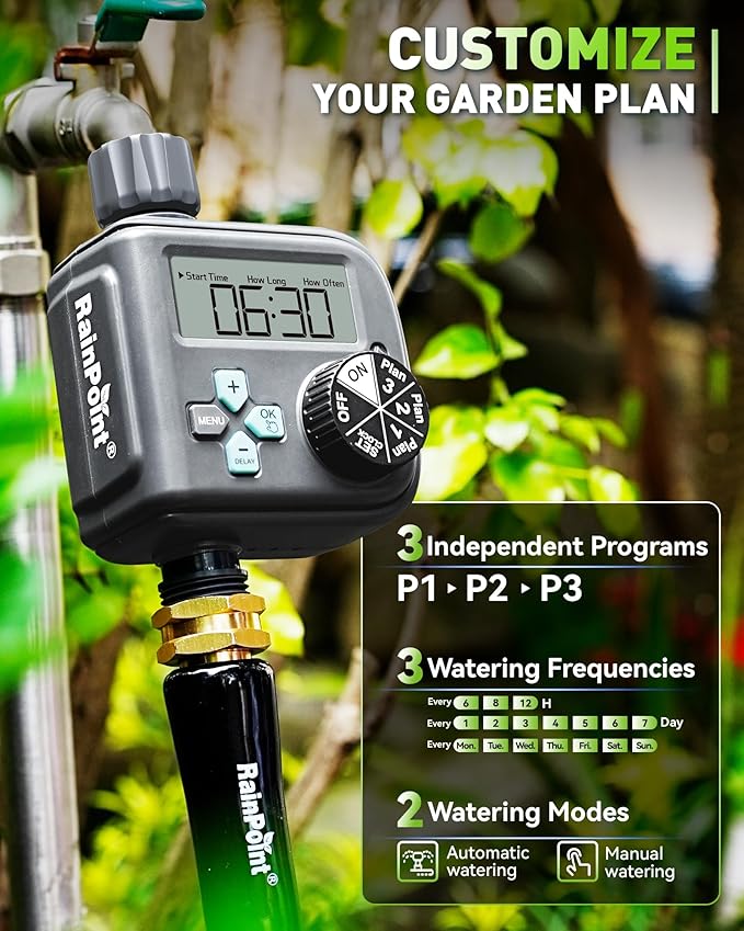 RAINPOINT Sprinkler Timer with 3 Independent Programs, Hose Timer with Rain Delay/Manual/Automatic Irrigation System, Watering Timer for Garden, Lawn, Yard