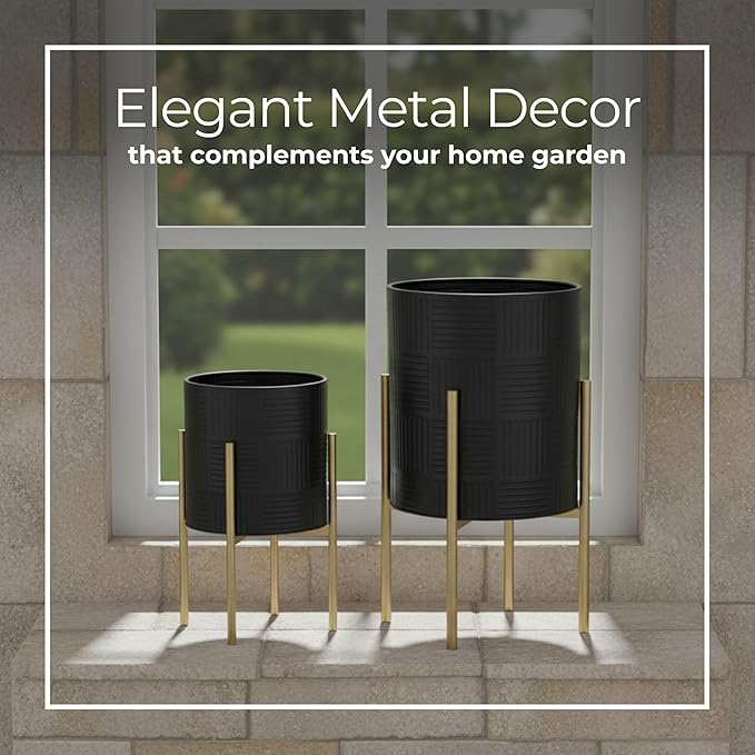 Decorative Flower Pots with Metal Stand for Home Decor - Modern Planters for Hallway, Entryway, and Living Room Decor - Indoor and Outdoor Pots for Plants - Set of 2, 23", 19", Black & Gold