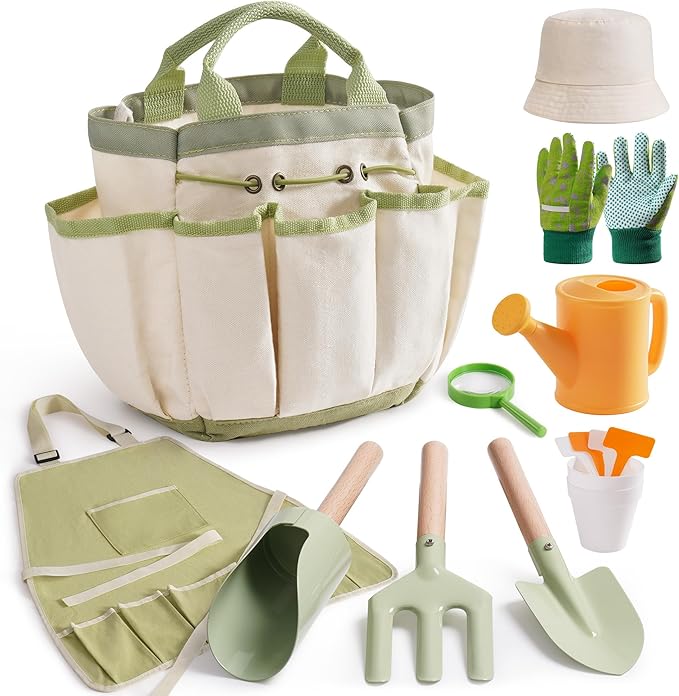 ROBOTIME Kids Gardening Tools, 17 PCS Toddler Gardening Set, Children's Gardening Tools, Metal Kids Gardening Set All in One Kit, Gardening Tools for Kids Outdoor Toys Gift for Boys and Girls