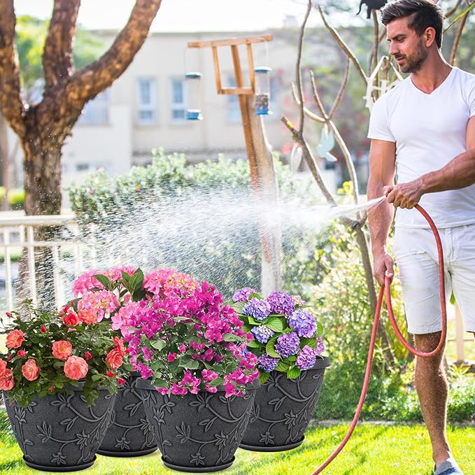 Nooulap 4 Pack 12 Inch Large Flower Pots for Outdoor Indoor, Plastic Plant Pots with Drainage Hole & Saucer, Modern Decorative Garden Pot, Imitation Magnolia Pots for Garden House Planters（Gray）