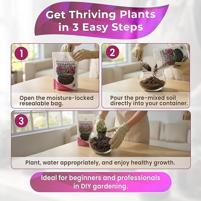 Professional Terrarium Soil | Premium Bedding for Live Succulents, Cacti and Aloe Plants | Large 2.2 Quarts | Ready to Use | Pine Bark, Peat, Course Sand
