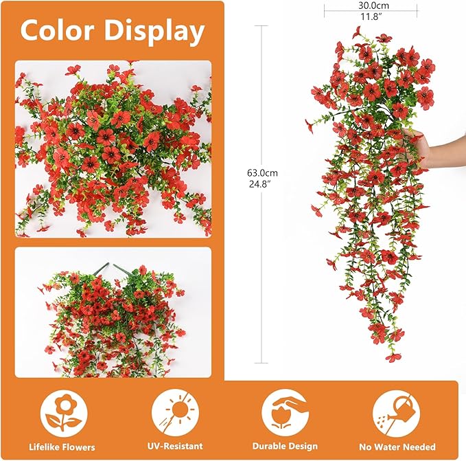 Hommyea Fake Artificial Hanging Flowers for Outdoors, 2 Pcs Fake Hanging Plant Spring Summer Decor, UV Resistant No Fade Faux Silk Daisy Flower for Front Door Porch Planter Patio Yard Garden(Red)