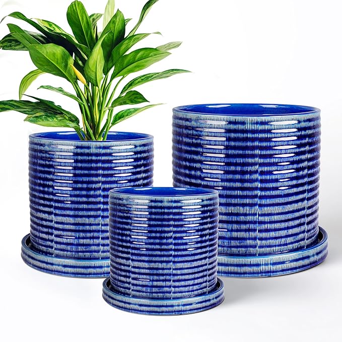 EFISPSS Ceramic Planter Pots, 6+8+10 Inch Planters for Plant Outdoor, Flower Pots with Drainage Hole and Saucer, Planter Pots for Home Garden Patio, Set of 3 - Blue