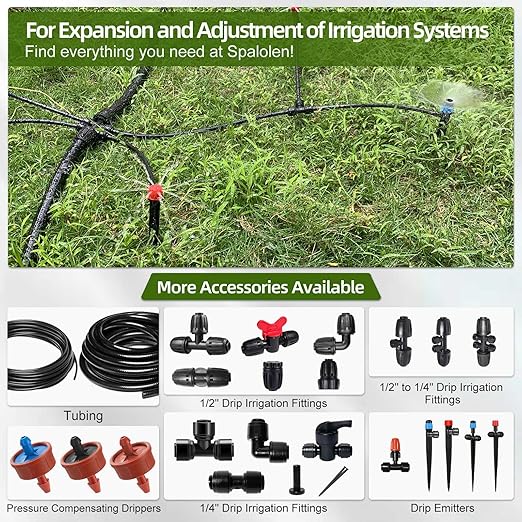 50FT 1/4 Inch Drip Irrigation Tubing with 5 Pack Push-to-Connect 1/4" Tee Connectors, Distribution Drip Line Hose & Universal Tee Fitting, for Drip Irrigation Parts or Drip System and Misting System