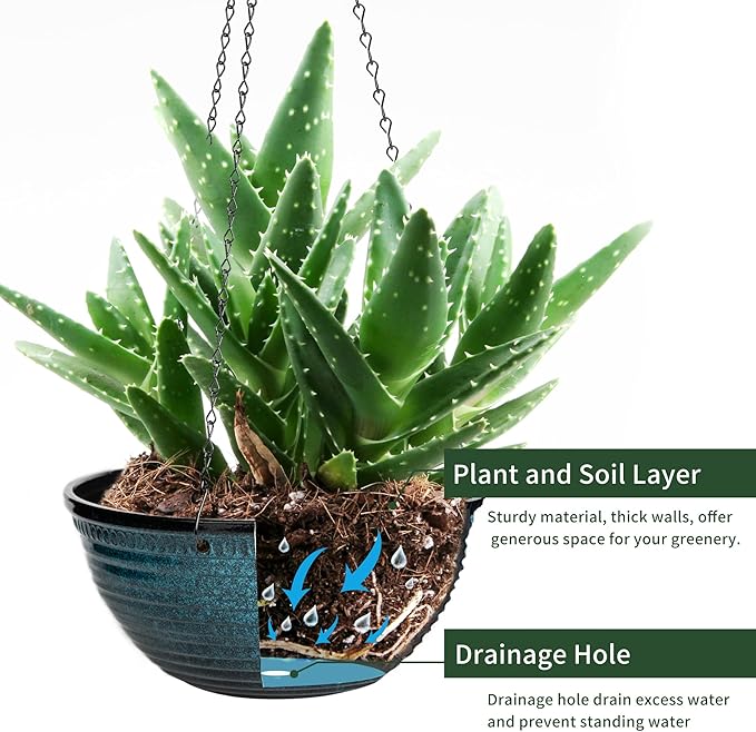 Vanslogreen 12 inch Hanging Planters for Indoor Outdoor Plants, 2 Pack Large Hanging Flower Pots with Drainage Holes and Chain, Glazed Hanging Baskets for Home Garden Decoration, Blue
