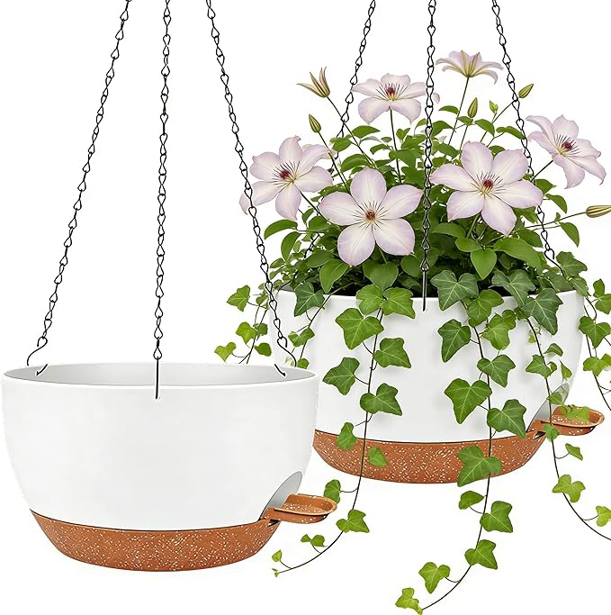 2 Pack 10 Inch Self Watering Hanging Planters for Indoor Plants, Large White Brown Plastic Hanging Pots with Chains for Outdoor Patio Garden Home Decor (White Brown)