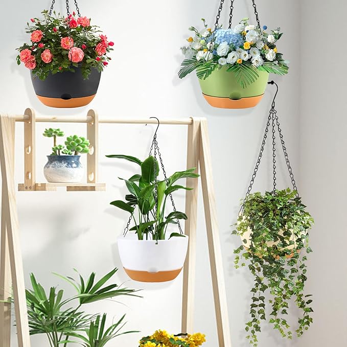 KPUVX 8/10/12 inch Hanging Planters for Indoor Outdoor Plants with Self-Watering Pots, 3 Pack Plastic Hanging Basket with Removable Tray for Home Garden Porch Balcony Patio Decor(White+Black+Green)