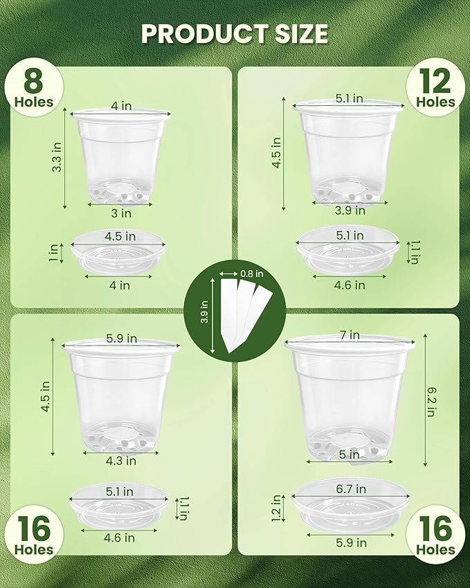 24 Packs Clear Nursery Pots for Plants with Saucers, 7/6/5/4 Inch Plastic Flower Pots with Drainage Hole, Variety Pack Seedlings Plant Pot with 24 Plant Labels