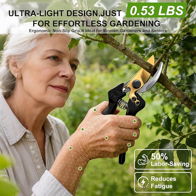 Pruning Shears, Sharp Clean Cut SK5 Steel Garden Clippers with Teflon Blade, Bypass Hand Pruners, Ergonomic Non-Slip Grip for Roses, Shrubs & Plants