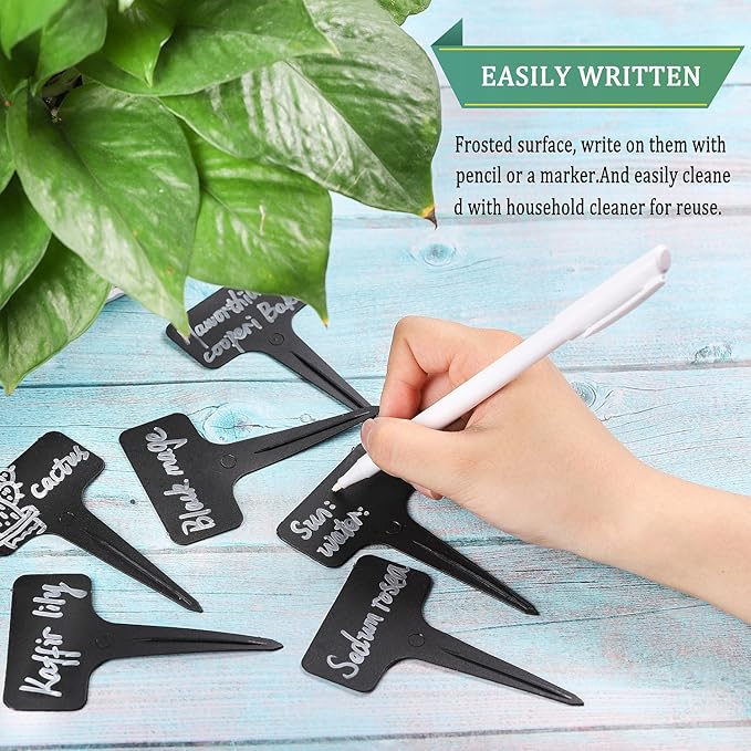 Whaline 100 Pcs Plastic Plant Labels Black T-Type Garden Stake Tags Waterproof Plant Markers Reusable Plants Signs for Outdoor Indoor Nursery Potted Plants Seed with A White Marker Pen (6 x 10 cm)