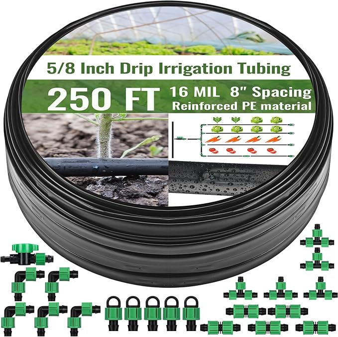250 ft 5/8 Inch Drip Tape Irrigation Kit Drip Tape 16 Mil 8" Spacing Hose Garden Watering Tubing System Automatic Irrigation Equipment for Plant, Landscape, Yard, Lawn and Farm