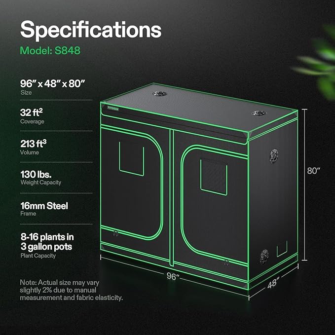 VIVOSUN S848 4x8 Grow Tent 96"x48"x80" High Reflective Mylar Tents with Observation Window and Floor Tray for Hydroponics Indoor Plant for VS4000/VSF4300