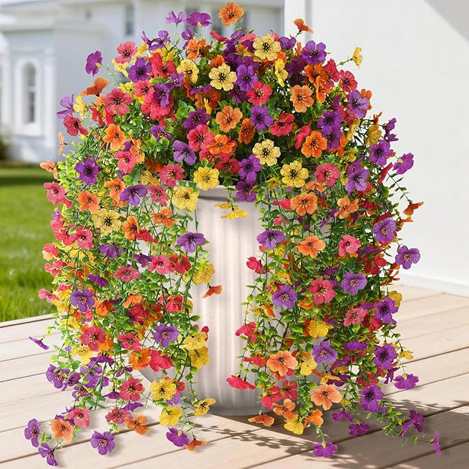 Hommyea Fake Artificial Hanging Flowers for Outdoors, 2 Pcs Fake Hanging Plant Spring Summer Decor, UV Resistant No Fade Faux Silk Daisy Flower for Front Door Porch Planter Patio Yard Garden