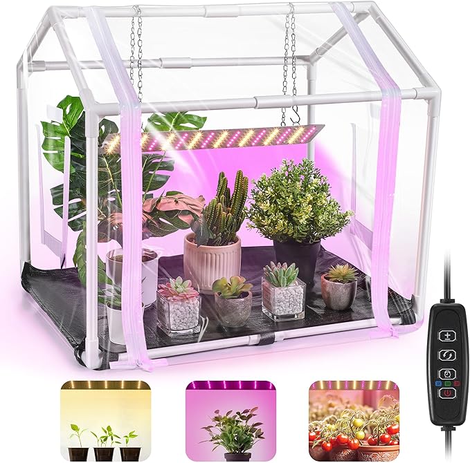 Meonum Mini Greenhouse with Grow Light, 23.6" L x 15.7" W x 19.6" H Portable Greenhouse with Waterproof Bottom Mat, Timer, 3 Light Color Mode for Indoor Outdoor Seed Starter Tray (Mini House Shape)