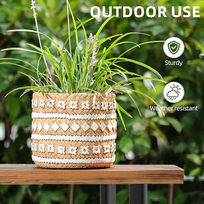 vomiceak Concrete Rattan-Style Plant Basket Planter, 5" Plant Pots Indoor Outdoor with Drainage Hole, Boho Flower Pot for Succulents, Herbs, Modern Farmhouse Decor, Ideal Gift for Plant Lovers