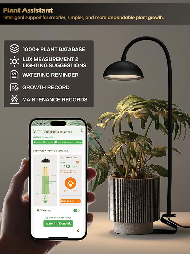 GLOWRIUM Smart Grow Lights for Indoor Plants,10W Full Spectrum LED Plant Light with 3/9/12 Timer,10 Dimmable Levels,Height Adjustable Grow Light with Base (Black)
