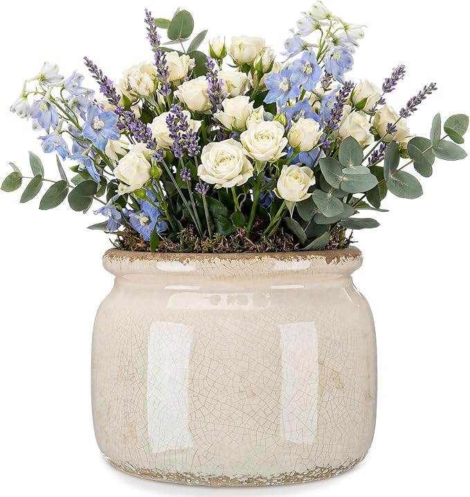 7.7″ Large Vintage Ceramic Plant Pot Pure Beige Rustic Planter with Ice Crackle Glaze & Drainage Hole for Indoor Outdoor Plants Farmhouse Home Kitchen Office Decor Gift for Women Teacher