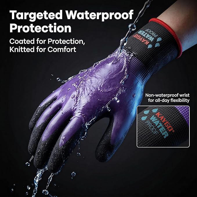 KAYGO Waterproof Work Gloves for Men and Women, Rubber Coated Non-slip Working Gloves for Garden, Outdoor Construction,KG150,Purple,M