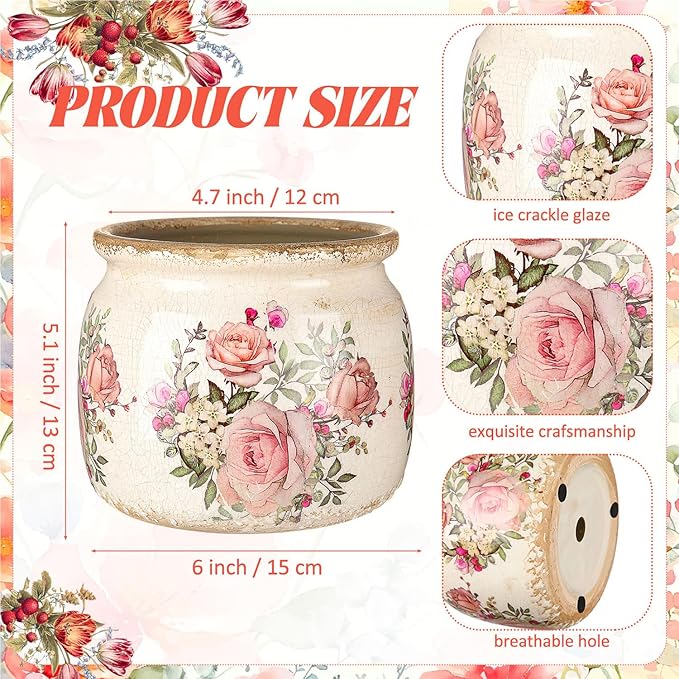 2 Pcs Vintage Planter Ceramic Plants Pot with Drainage Ice Crack Scroll Flower Vase Pot for Indoor Outdoor Plants Home Kitchen Decor Gifts(Farmhouse Rose,5.9")