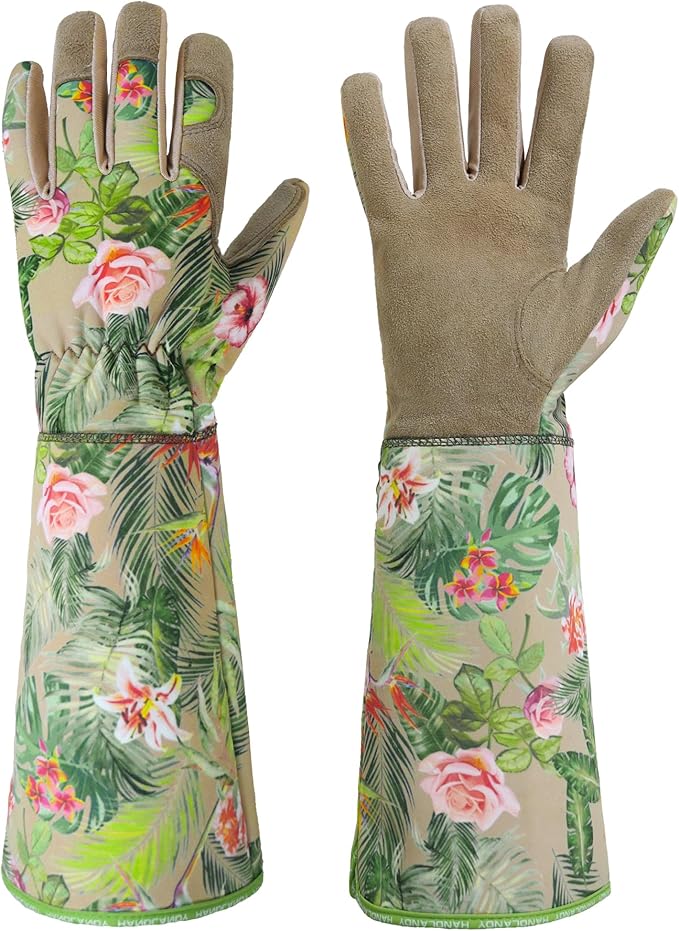 HANDLANDY Leather Gardening Gloves for Women, Scratch Resistant Breathable Ladies Rose Pruning Garden Gauntlet Yard Gloves, Gift for Gardeners (Khaki, XL)