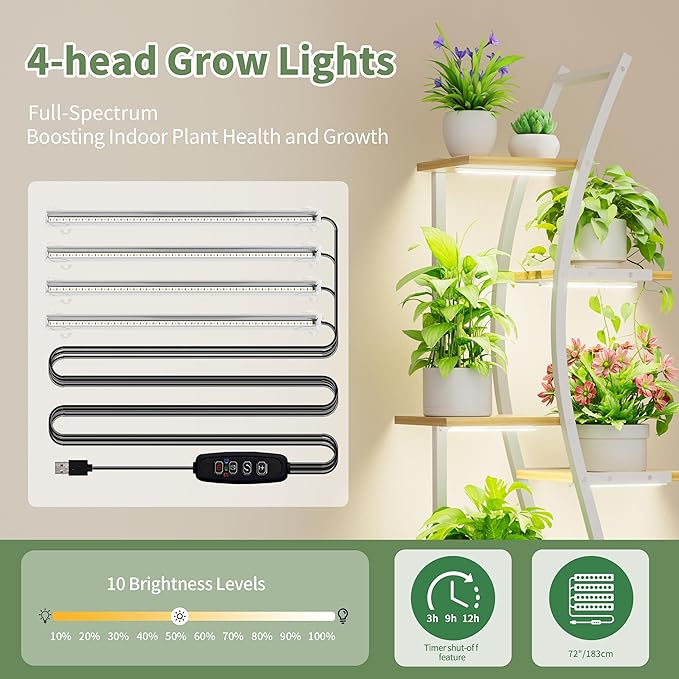 MJOMKN 62" Plant Stand Indoor with Grow Lights - 7 Tiered Tall Metal Plant Shelf - Corner Wooden Plant Stand for Indoor Plants Multiple, Large S-Shape Flower Rack Holder for Living Room, Garden, Patio Decor