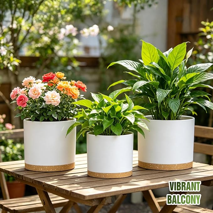 10/9/8 Inch Large Plant Pots with Drainage Holes and Trays, 3 Pack Modern Minimalist Cylinder Planters for Monstera, Snake Plant, Indoor Outdoor (Matte White & Brown)