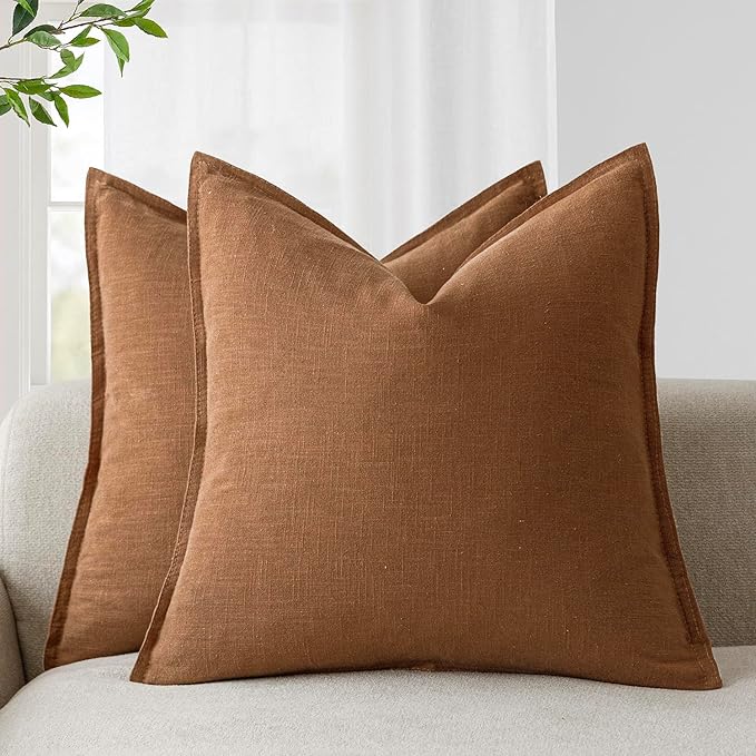 Foindtower Pack of 2, Decorative Linen Soild Throw Pillow Covers Soft Accent Cushion Case Boho Farmhouse Pillowcase for Chair Couch Sofa Bedroom Living Room Home Decor 18 x 18 Inch Orange Brown